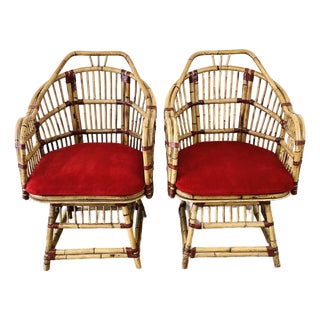 Vintage 1960s Pair of Natural Rattan Chairs / Chinese Chippendale / Boho Style For Sale