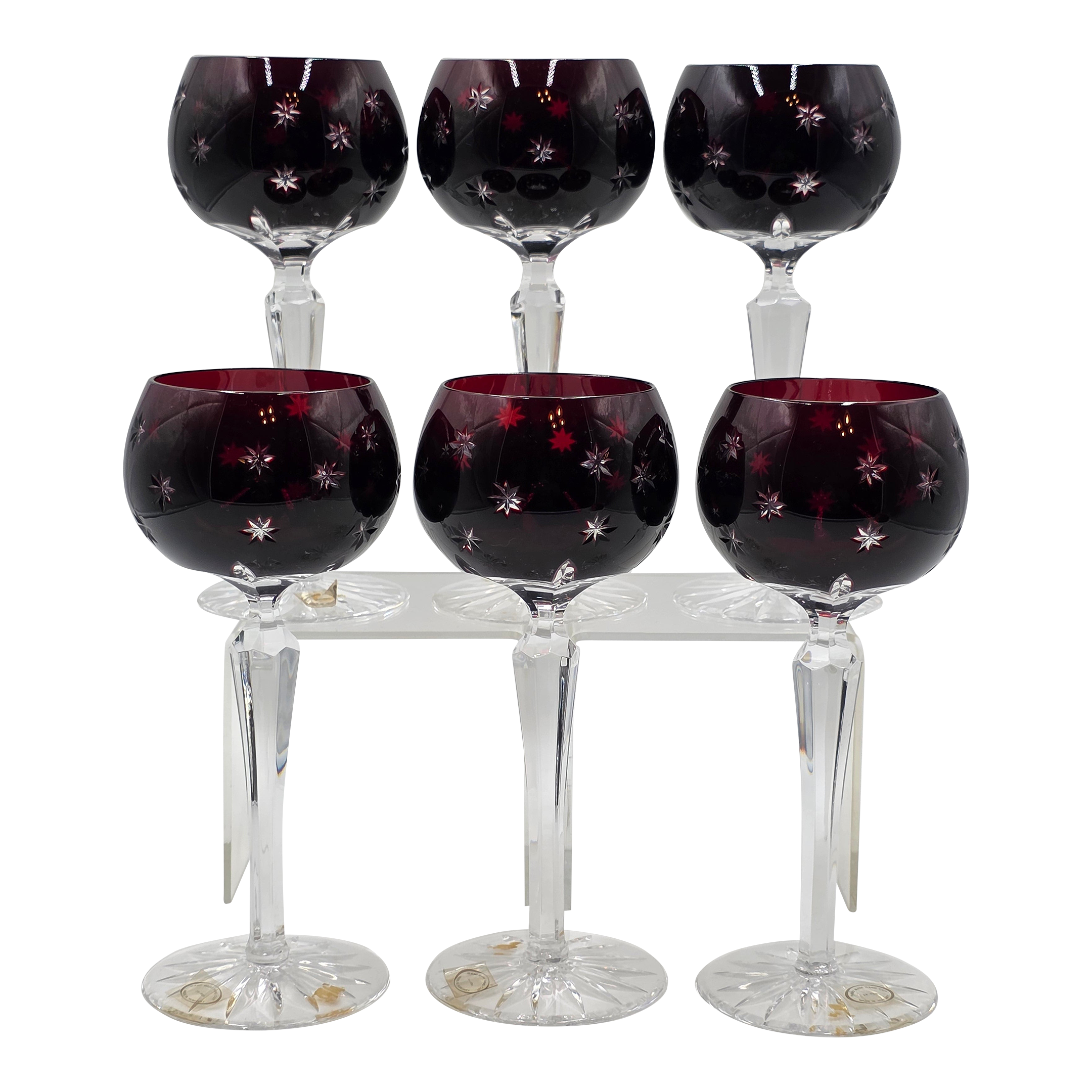 Set of 6 Vintage Ajka Marsala Ruby Red Cut to Clear Crystal Hock Wine Glass.  | Chairish