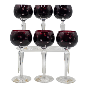 Set of 6 Vintage Ajka Marsala Ruby Red Cut to Clear Crystal Hock Wine Glass.