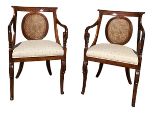 Antique English Cane Backed Regency Scroll Armchairs - a Pair
