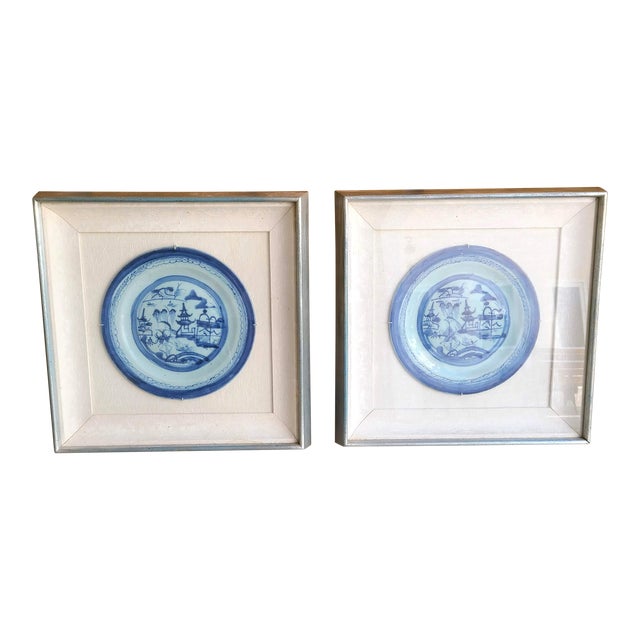 Charming 18th Century Pair of Canton Blue and White Ceramic Plates - Framed For Sale