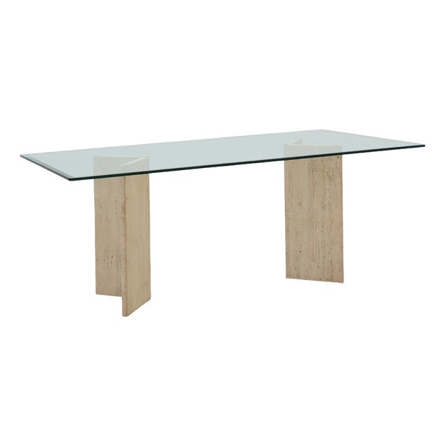Mid‑Century Italian Dining Table with Glass Top and Travertine Base, 1970s For Sale