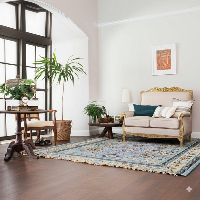 Azure Elegance Handmade Mohair Oushak Rug, Country of Origin: China. This exquisite hand-knotted piece offers a luxurious...