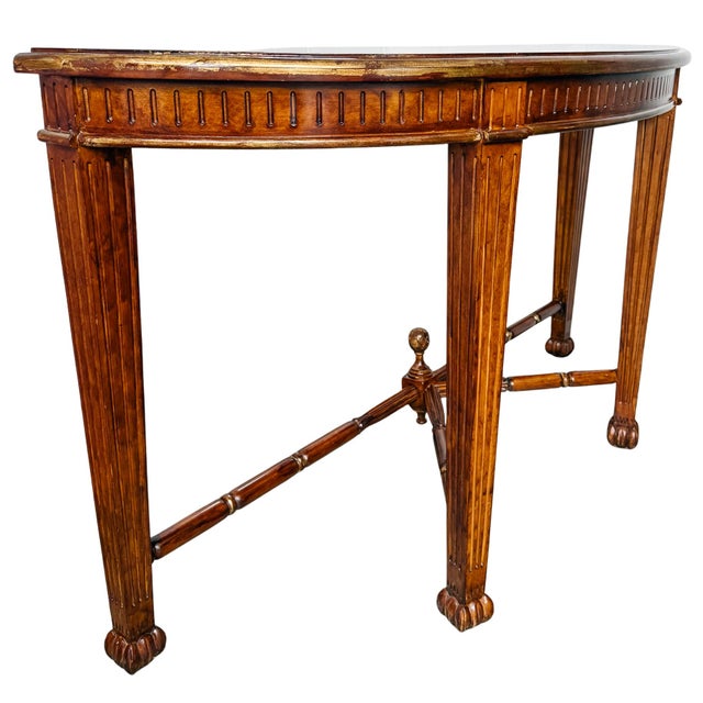 Neoclassical Fluted Demilune Console Table With Pineapple Finial Stretcher & Gold Leaf For Sale In San Diego - Image 6 of 14