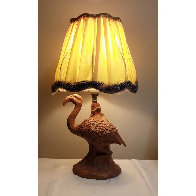 Textile Vintage Table Lamp with Figurative Ceramic Foot, Dwarf Flamingo and Yellow Fabric Screen with a Feather, 1970s For Sale - Image 7 of 9