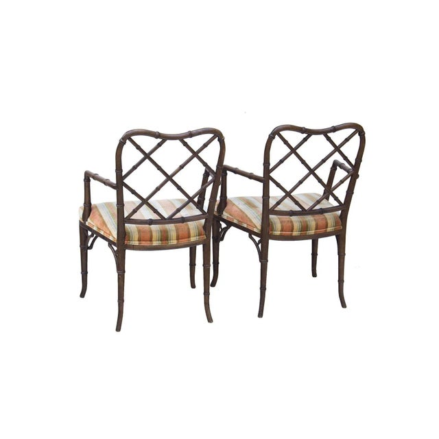 Wood Faux Bamboo Hollywood Regency Armchairs, Pair For Sale - Image 7 of 12