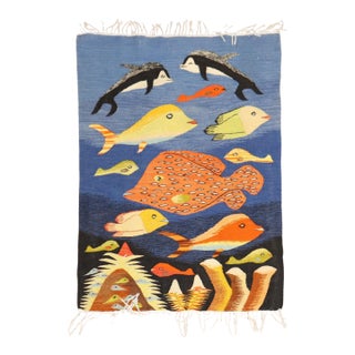 Late 20th Century Zabihi Collection European Kilim Fish Motif - 2'10" x 3'8" For Sale