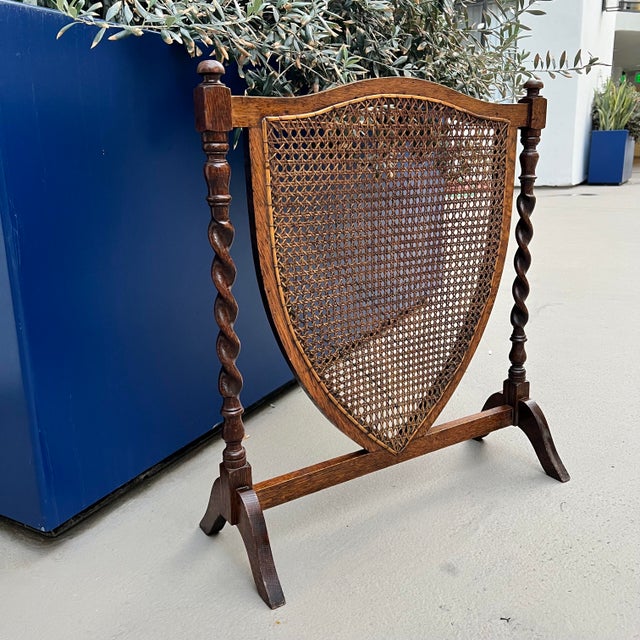 1920s English Caned Shield Fireplace Screen With Oak Barley Twist Frame For Sale - Image 4 of 9