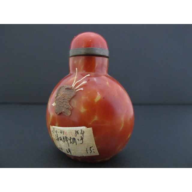 Chinese Vintage Simulated Realgar Orange Yellow Glass Snuff Bottle For Sale - Image 4 of 11