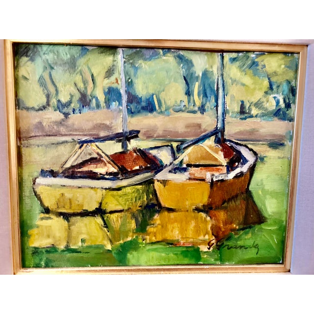 This is a framed impressionist oil painting of two yellow boats on green water, similar in style to mid-century seascape...