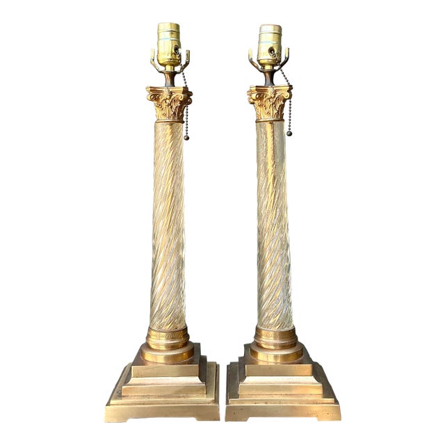 Vintage Neoclassical Twisted Glass Lamps - A Pair For Sale