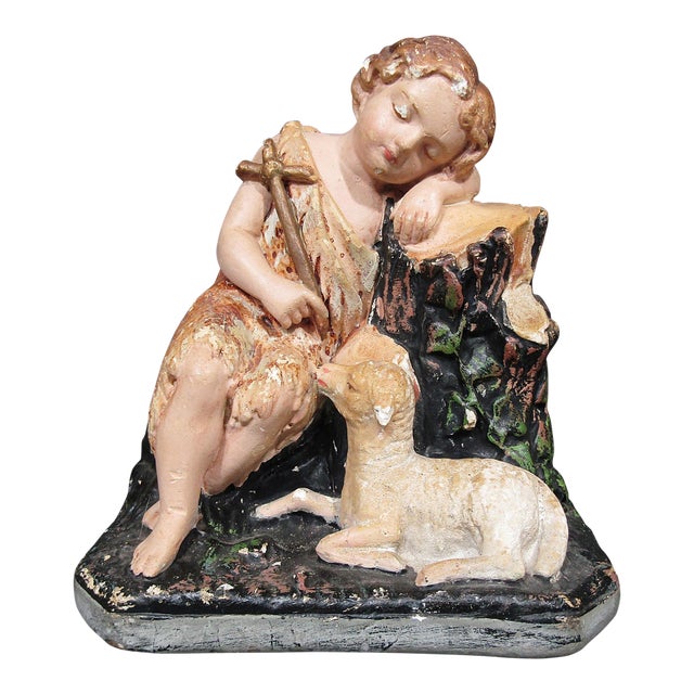 Antique Chalkware St. John the Baptist With Lamb Sculpture For Sale