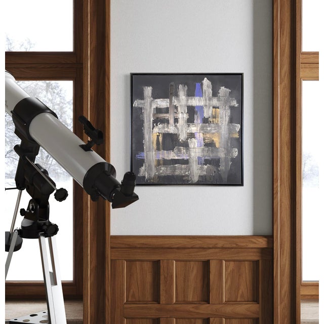 Original abstract painting by J. Kent Martin featuring a grid-like composition of black, white, gray, and subtle color...