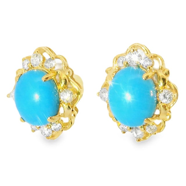 18K White Gold Turquoise & Diamond Earrings Elegant 18K White Gold Turquoise & Diamond Earrings featuring natural...