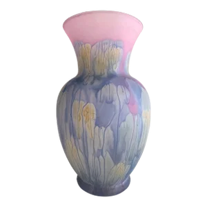 Vintage 1980s Hand Blown Jerusalem Art Glass Hand Painted Frosted Drip Glaze Large Flower Vase