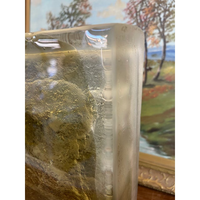 Vintage Brutalist Style Cast Glass Block Sculpture With Textured Relief Surface For Sale - Image 10 of 10