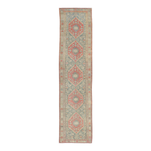 Antique Malayer Runner With Bold Geometric Medallions in Soft Pastels 3'1"x14'1"