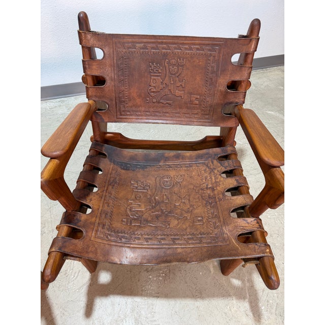 1960s Set of 2 Mid Century Angel Pazmino Hand Tooled Leather Sling Safari Chairs For Sale - Image 9 of 12