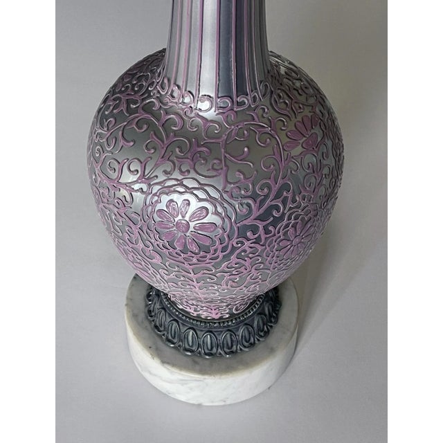 Tall 1960's Reverse-Silvered Lamps With Applied Floral Vine Decoration - a Pair For Sale - Image 4 of 8