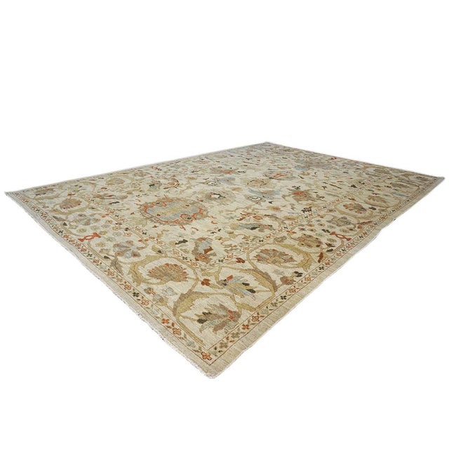 Early 21st Century Persian Sultanabad Wool 10x14 Ivory, Rust, Light Blue & Tan Handmade Area Rug #1142046 For Sale - Image 5 of 9