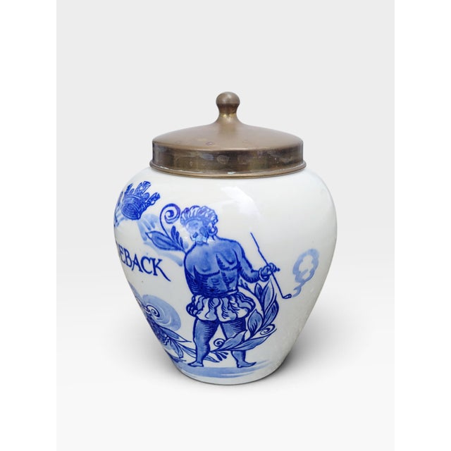 Mid-Century Dutch Hand-Painted Delft Blue Tobacco Jar with Brass Lid, Holland, 1960s For Sale - Image 9 of 17