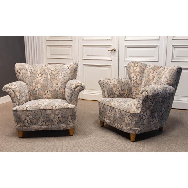 Vintage Danish Wingback Chairs with Jacquard Fabric, 1940s, Set of 2 For Sale - Image 3 of 16
