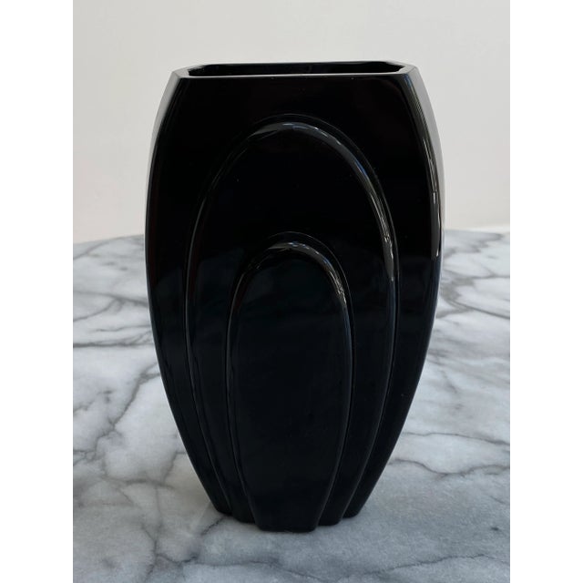 Black art deco vase by George Sakier for Fostoria Glass Company.