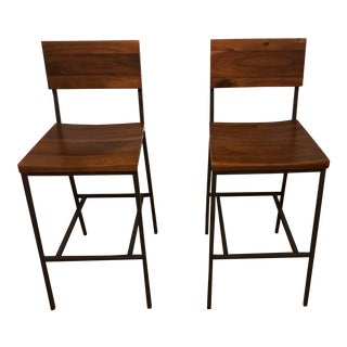 West Elm Rustic Bar Stool Pair For Sale