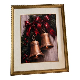 Substantial 40” Tall Framed Christmas Bell Wall Canvas Art With Ornate Gilt Wood Frame & Silk Mat For Sale