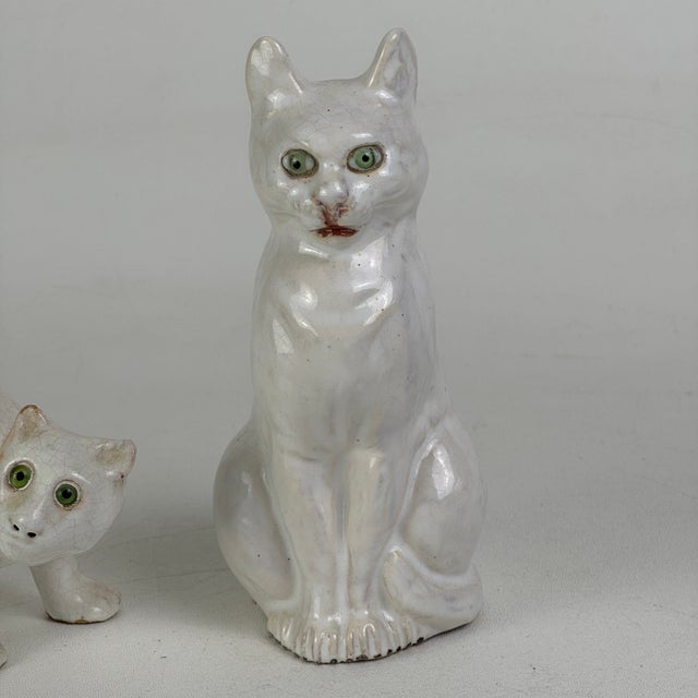 French Pair of Vintage French White Tin Glazed Terracotta Cat Figurines With Green Glass Eyes For Sale - Image 3 of 10