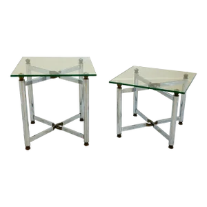 Vintage French X-Base Chrome, Brass and Glass Asymmetrical Side Tables / Coffee Table - a Pair