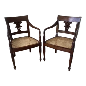 Tropical Mediterranean Style Boho Bauer International Mahogany and Cane Palm Plantation Arm Chairs - a Pair