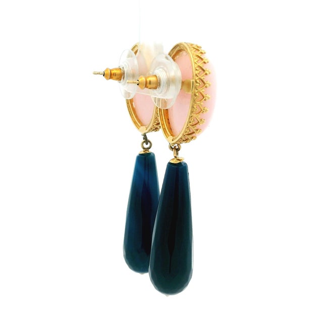 Talia Jade Pink Coral Cabochon and Blue Agate Pendant Drop Earrings, A Pair For Sale - Image 4 of 10