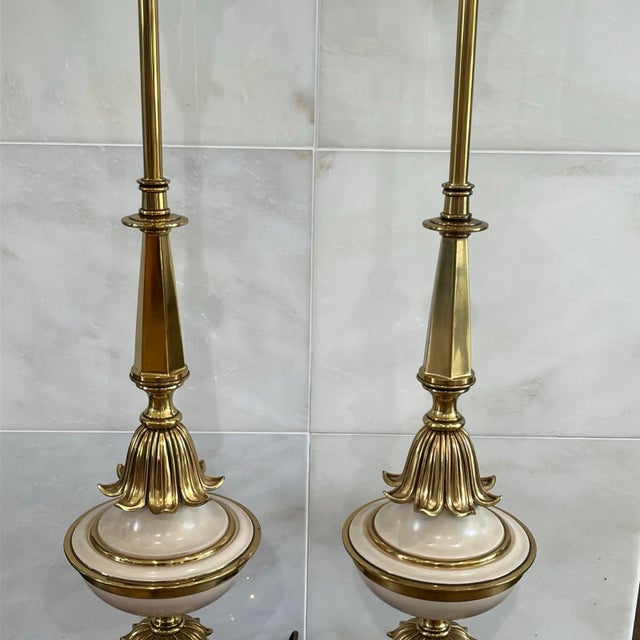 Paint Vintage Mid-Century Modern Stiffel Torchiere Table Lamps Brassrrr & Enamel Hollywood Regency - A Pair For Sale - Image 7 of 12