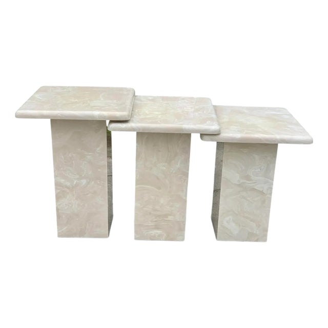 1980s Postmodern Cream Marble Pedestal Nesting Tables – Set of 3 For Sale