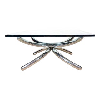1970's Square Coffee Table With Sculptural Chrome Base, Italy For Sale