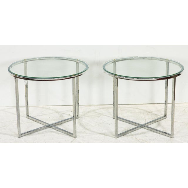A pair of Modern chrome and glass round side tables, 17.5"h x 22"dia