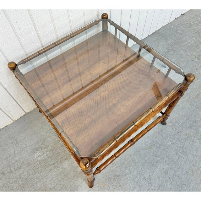 This listing is for a Vintage Faux Bamboo Glass Top Side Table. Featuring a solid wood frame, faux bamboo design, glass...