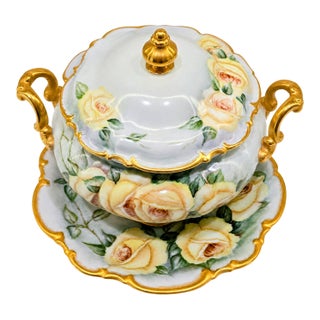 Mid 20th Century Hutschenreuther Bavaria “Sylvia” Hand-Painted Rose Porcelain Tureen 3-Piece Set For Sale