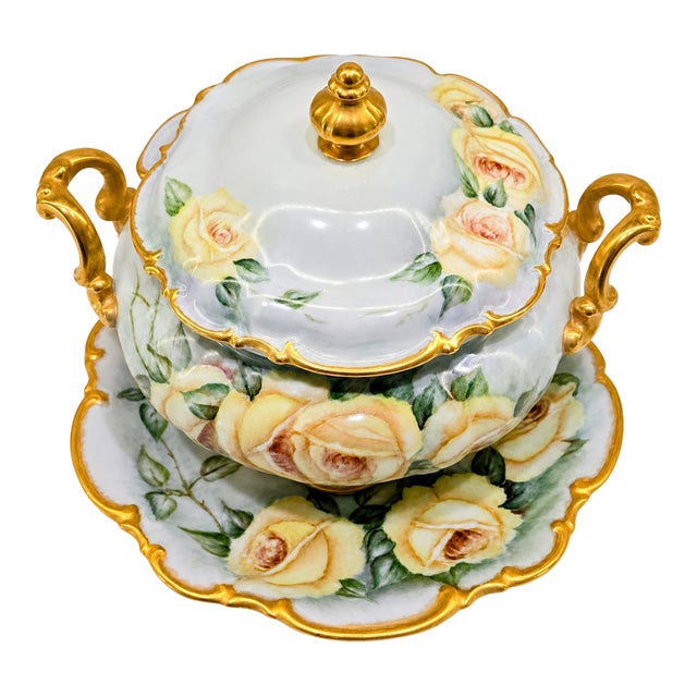 Mid 20th Century Hutschenreuther Bavaria “Sylvia” Hand-Painted Rose Porcelain Tureen 3-Piece Set For Sale
