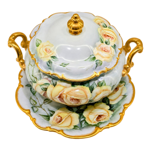Mid 20th Century Hutschenreuther Bavaria “Sylvia” Hand-Painted Rose Porcelain Tureen 3-Piece Set