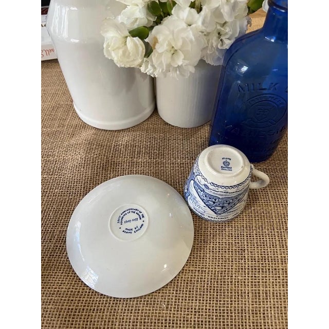 Vintage Adams Blue and White Jamestown Commemorative Cup and Saucer Set For Sale - Image 4 of 4