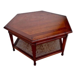 Hexagonal Wooden Coffee Table With Woven Cane Lower Tier For Sale