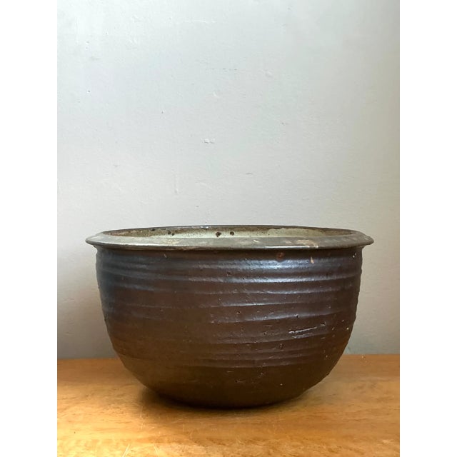 Rustic Vintage Monumental Rustic Brown Ceramic Bowl For Sale - Image 3 of 12