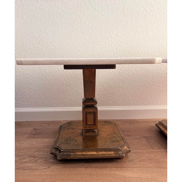 Pair of Vintage Hollywood Regency Gilt Pedestal Tables With Marble Tops For Sale In San Diego - Image 6 of 9