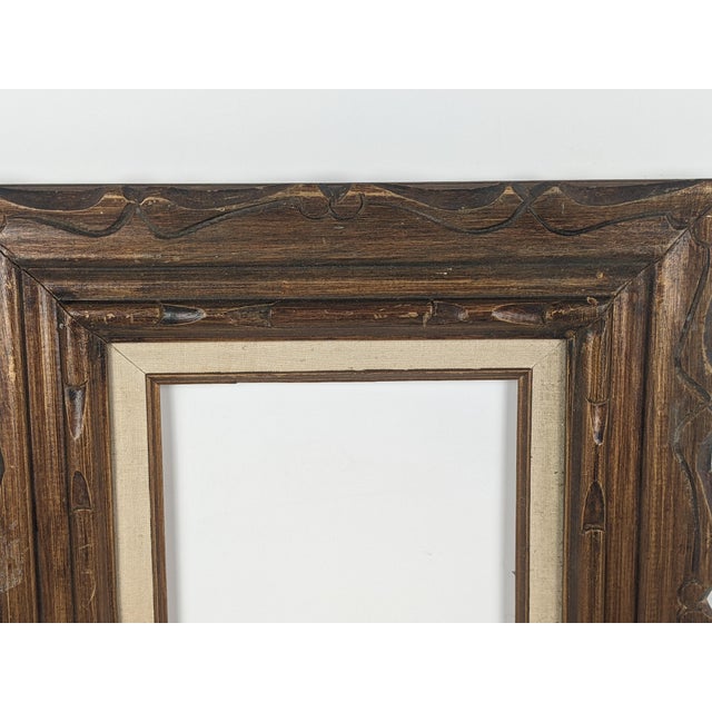 Vintage Carved Dark Brown Wood Picture Frame With Cream Linen Liner For Sale - Image 4 of 13