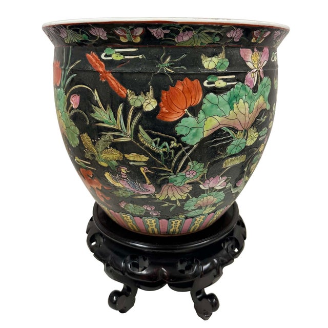 Chinese Mid 20th Century Chinese Famille Noire Porcelain Fish Bowl/Planter For Sale - Image 3 of 12