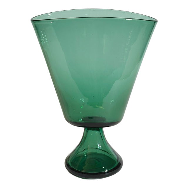 Mid-Century Modern Italian Green Blown Glass Pedestal Vase by Vetro Verde Di Empoli, 1950s For Sale