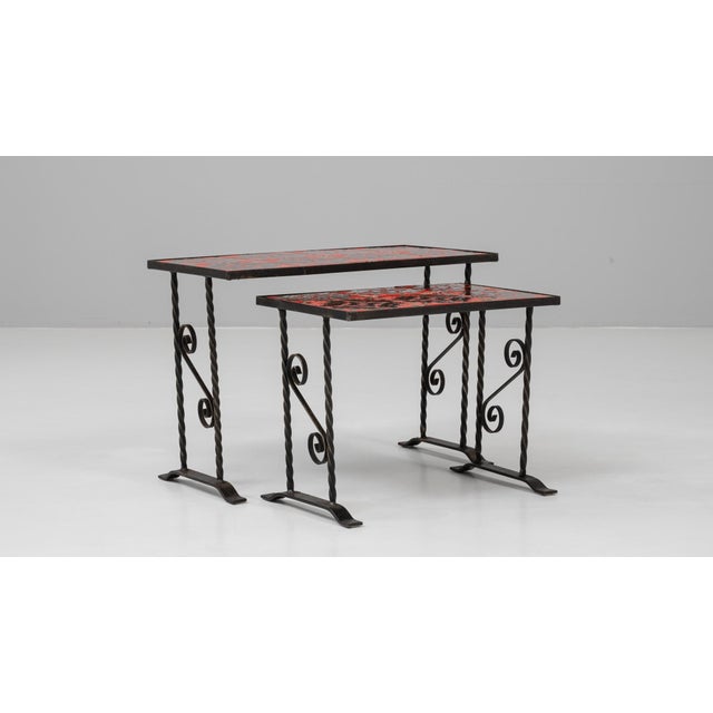 Ceramic 20th Century French Iron Nesting Tables With Ceramic Tops - A Pair For Sale - Image 7 of 18