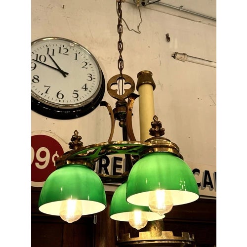 Antique Brass Neo Gothic Three Green Globe Ceiling Pendant Light Rewired For Sale - Image 9 of 10